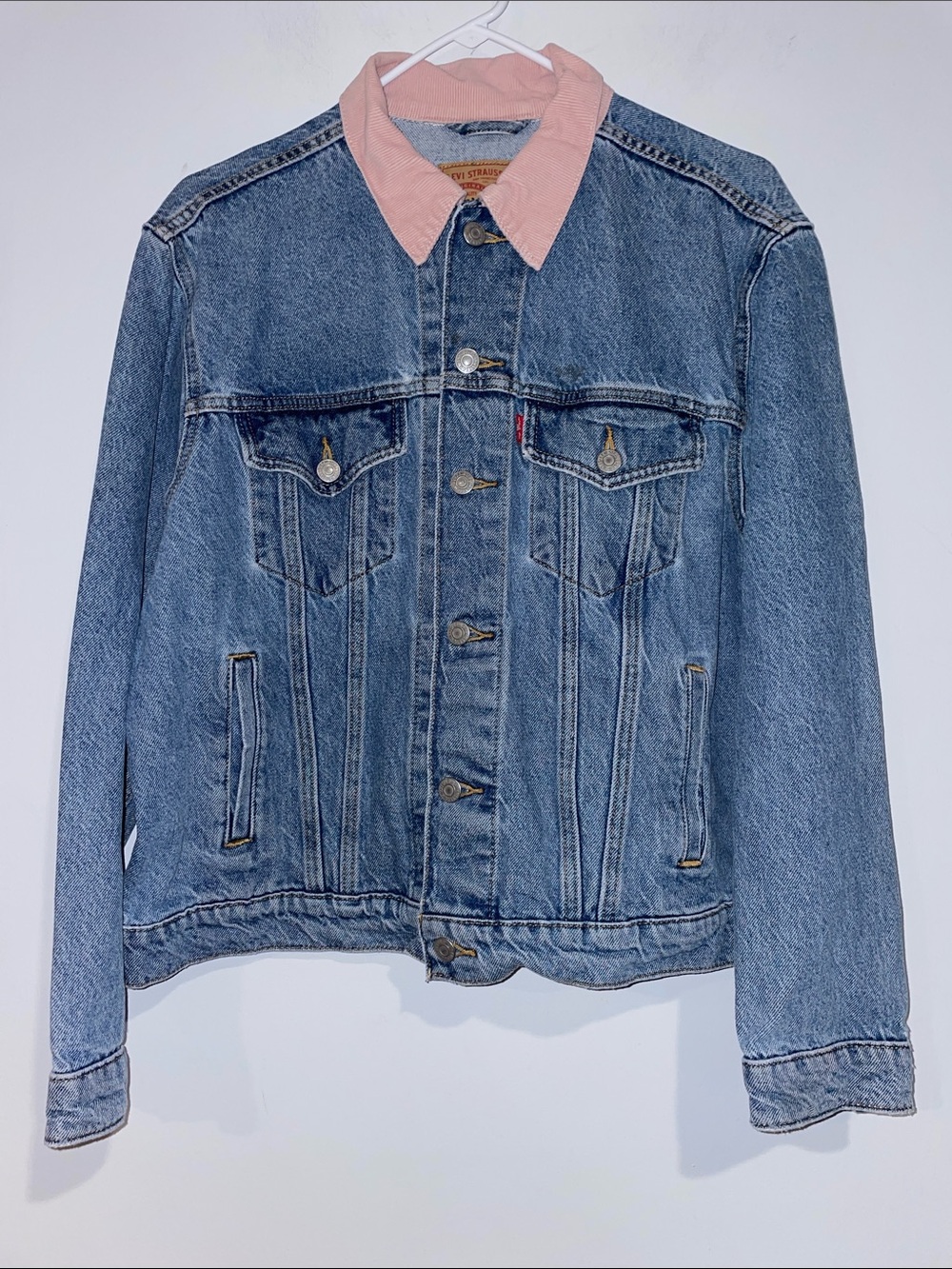 Levi's Women’s Blue Denim Jacket with Pink Corduroy Collar XL